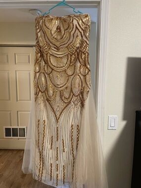 Angel's Cream and Gold Sequin Strapless Prom Gown